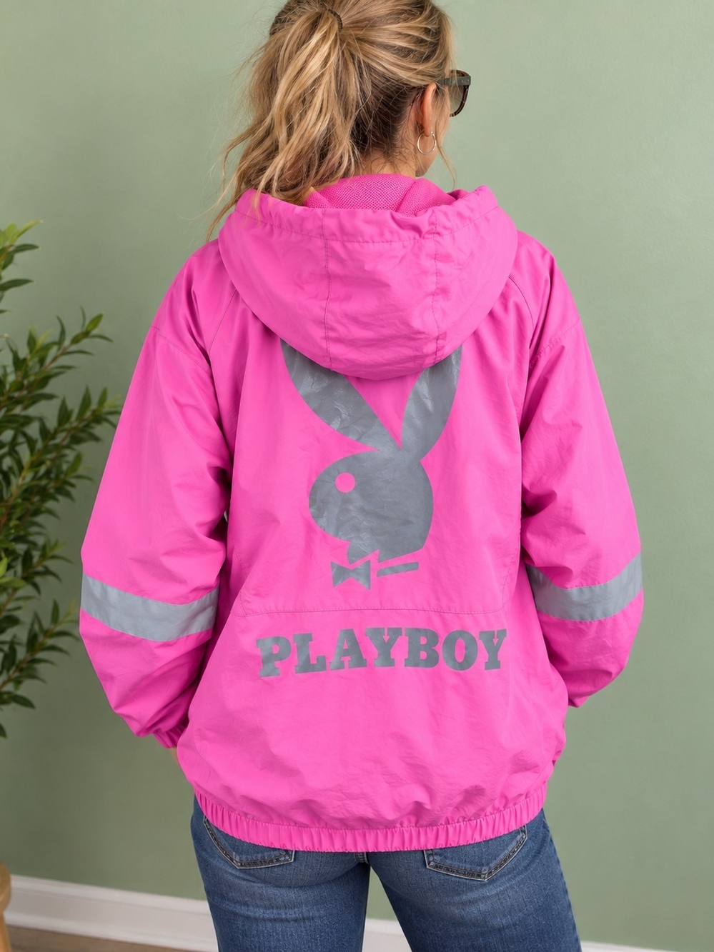 Pacsun Playboy Windbreaker Jacket Large Hot Pink Reflective Bunny Rare Nylon